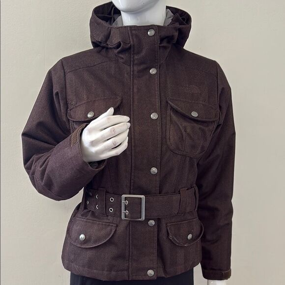 The North Face Primaloft Tweed Herringbone Brown Belted Coat w Zip Off Hood - Picture 1 of 14